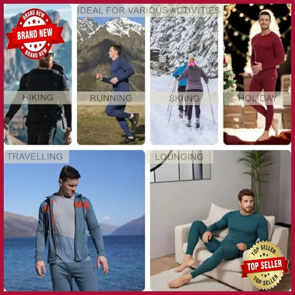 Men's 100% Merino Wool Thermal Base Layer Set Long Sleeve Top & Bottom